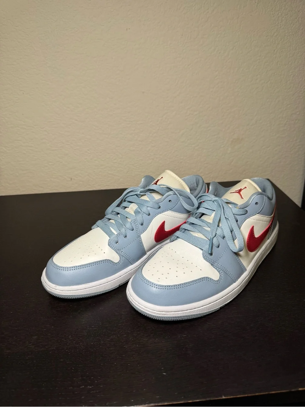 Nike Air Jordan 1 Low - Light Blue, White & Red Swoosh